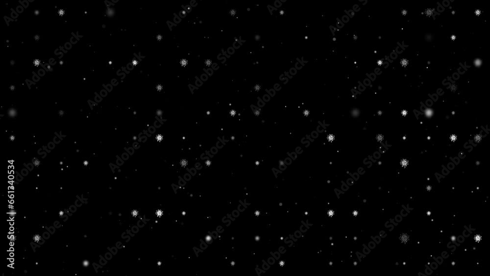 Poster template animation of evenly spaced coronavirus symbols of different sizes and opacity. animation of