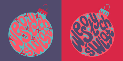 Christmas groovy lettering quote. Flat hand drawn slogan Merry Christmas in Polish in a Christmas ball shape. Trendy print design in retro style for posters, cards, shirt print social media graphics