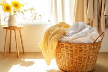 Fototapeta na wymiar basket of clean laundry in a sunny room