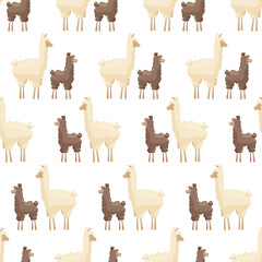 Seamless pattern with cute mother llama and baby on white background. Mother alpaca with baby alpaca. Creative kids, childish background. For textile, fabric, clothing, wrapping paper.