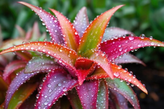 close-up of a dew-covered, colorful bromeliad plant - Powered by Adobe