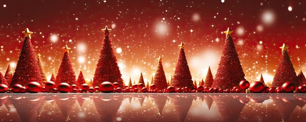 Many natural Christmas trees with red lighting and small stars covering the sky. Generative AI