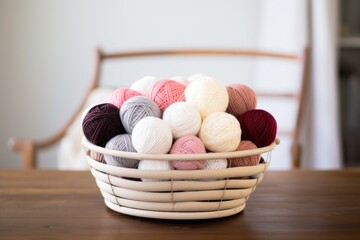 Fototapeta na wymiar a wire basket filled with cotton yarn balls