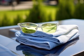 an exterior view of glasses being cleaned with a sanitizing cloth
