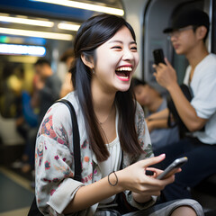Dynamic Asian College Student Immersed in Mobile Entertainment on Public Transport: Indoor Commute Joy