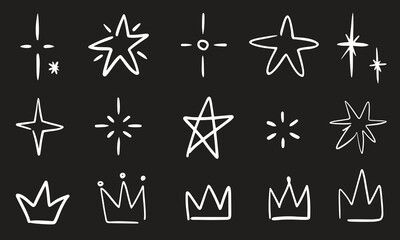 Line star glitter shine of doodle set. Star shine glow,  spark glitter, different types of crowns. For the design of wrapping paper, cards, posters, banners. Cosmonautics day, astronomy, princess.
