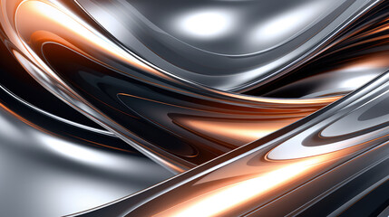 Metallic Chrome Smooth Liquid Wave Abstract Background Grey, Orange, Blue, Generative AI