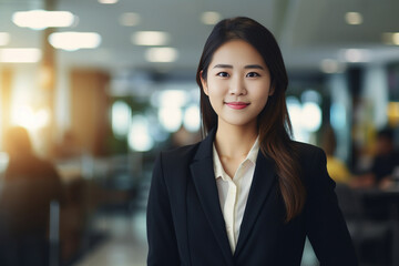 Obraz premium confident young businesswoman, adorned in an elegant suit, graces a contemporary office space with her radiant smile. Generative AI.