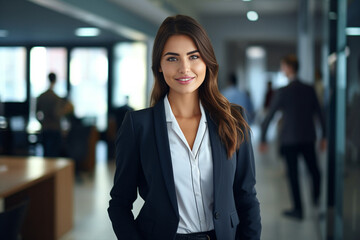 Obraz premium confident young businesswoman, adorned in an elegant suit, graces a contemporary office space with her radiant smile. Generative AI.