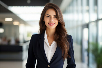 Obraz premium confident young businesswoman, adorned in an elegant suit, graces a contemporary office space with her radiant smile. Generative AI.