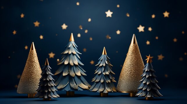 Merry Christmas advent holiday cekebration greeting card - Gold christmas trees decoration on table with blue background and golden bokeh lights