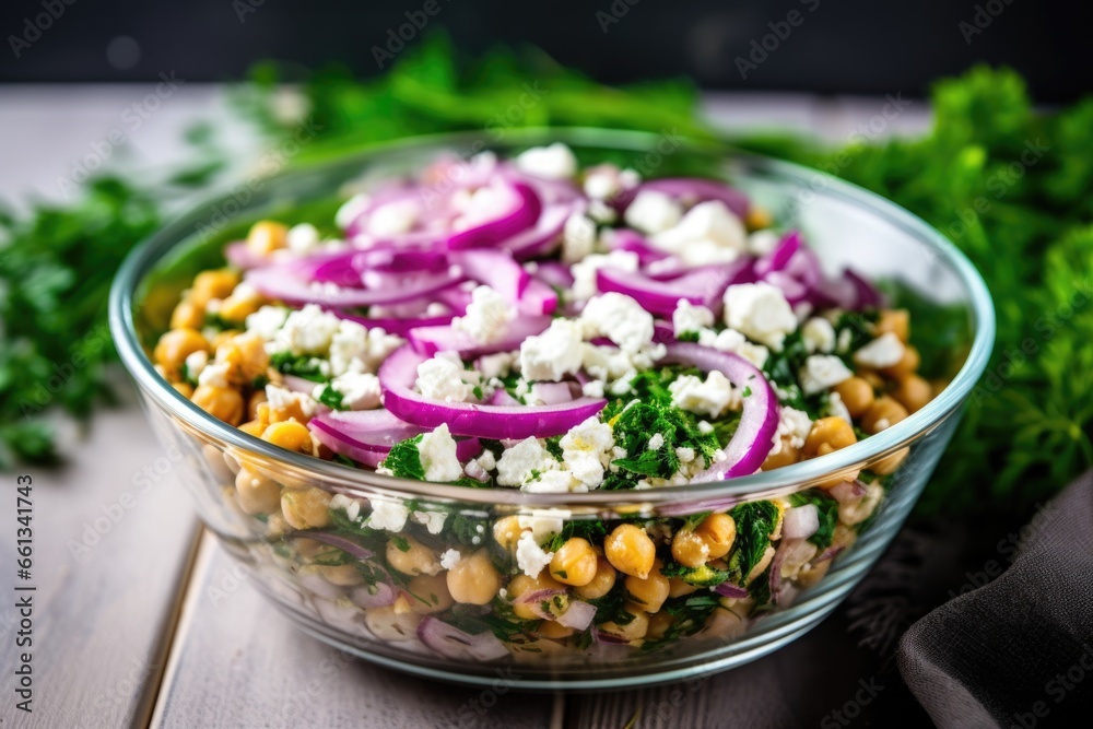 Poster chickpea salad with red onions and feta in a glass bowl