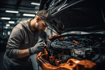 Fototapeta na wymiar Car mechanic is repairing a car in the garage