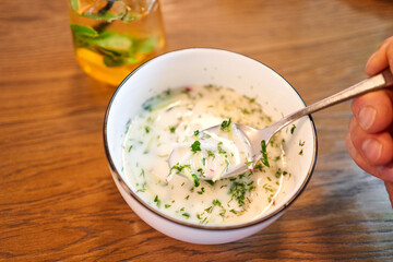 okroshka is a traditional dish of national Russian cuisine, vegetables with meat and kvass, cold soup.