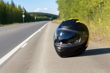Fototapeta premium motorcycle helmet on a highway to represent safety laws