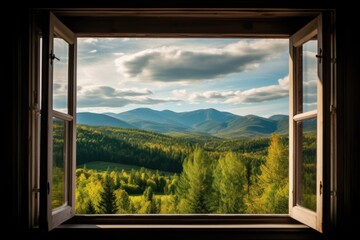 a picturesque view from a cabin window, mountains in the distance