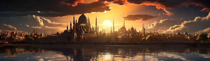 City At Sunset And Religious Temples.  Illustration On The Theme Of Religion And Architecture, Travel And Tourism.