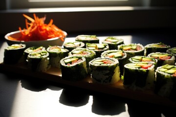 veggie sushi rolls under soft light with striking shadows