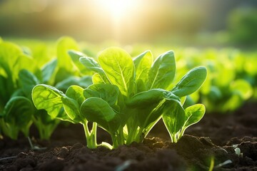 a lush, green spinach plant in afternoon sunlight - obrazy, fototapety, plakaty