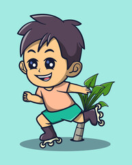 vector illustration of a boy playing roller skating happily. hobby icon concept