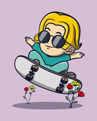 vector illustration of boy in sunglasses playing cute skateboard.
