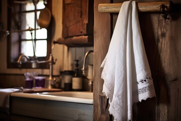 Fototapeta na wymiar white kitchen towel hanging on an antique nail beside an old farmhouse sink