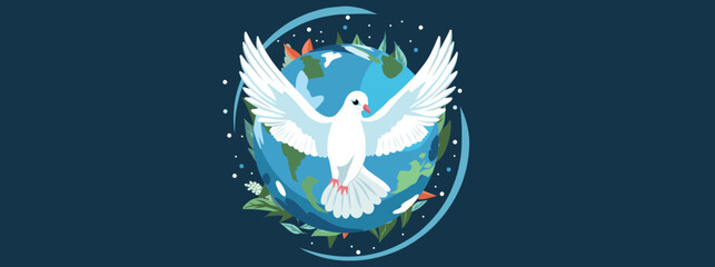 Vector flat illustration. Banner poster mseto for text. International Day of Peace. A dove with outstretched wings against the backdrop of the planet. Peace sign, dove - obrazy, fototapety, plakaty