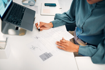 Hands, pen and human resources manager with CV, hiring and recruitment in workspace, information...