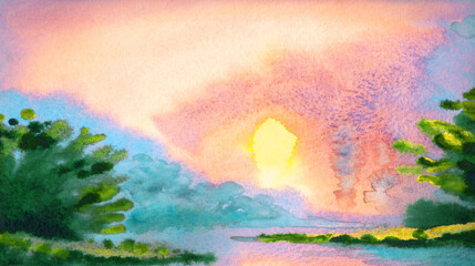 Watercolor landscape. Sunset on the lake
