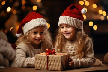 Fototapeta na wymiar Two happy little kids in cozy knitted sweaters in Santa hats celebrating Christmas 