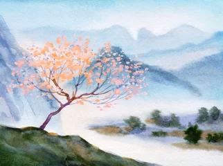 Photo sur Plexiglas Ciel bleu Tree by a mountain stream. Watercolor landscape
