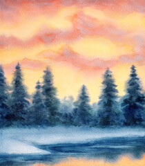 Fototapeta na wymiar Watercolor landscape. Winter forest