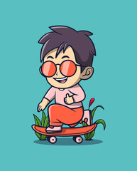 vector illustration of a boy wearing glasses playing a cute skateboard.