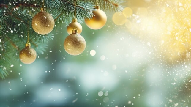 Christmas balls on spruce branch with glitter and winter isolated blur background. AI generated image