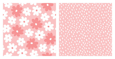 Set of seamless patterns of flowers and polka dots, hand drawn