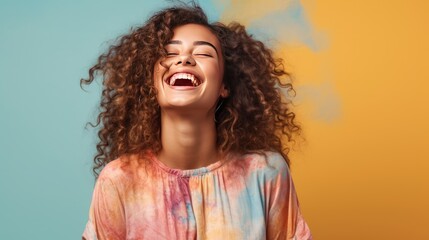 Smiling and Laughing Girl in Bright Attire - obrazy, fototapety, plakaty