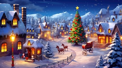 Fantasy Christmas town covered in snow, Christmas stories for children, Happy holiday season greeting celebration illustration