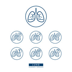 Lung icon simple flat outline style for health care ads or website. Icons isolated on white background. Medical human organ with exclamation check question mark, cross and thunder. Vector EPS 10.