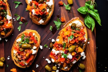 overhead shot of bruschetta with a mix of olives, peppers, and feta