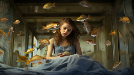 Fototapeta na wymiar Girl amidst floating goldfish.