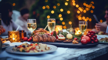 Festive dinner setting outdoors with friends, food, and sparkling lights. - obrazy, fototapety, plakaty