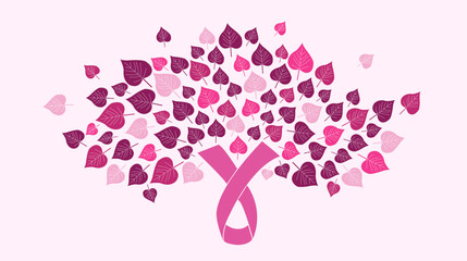October breast cancer emblem sign for awareness month with pink ribbon symbol and leaf. Vector illustration