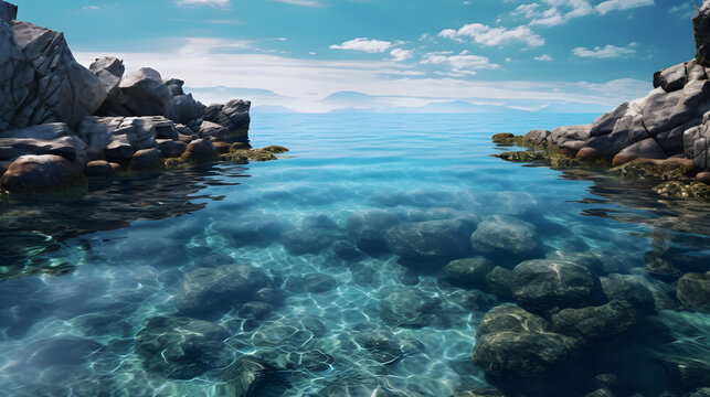 transparent water with stones and rocks on bottom in deep sea against mountains under bright sky