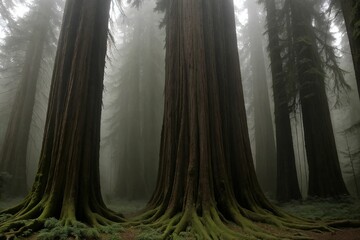 Towering ancient redwoods shrouded in mist, their roots intertwined and moss-covered