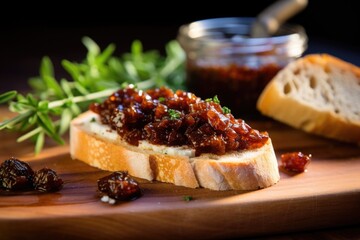 a single piece of bruschetta with goat cheese and fig jam