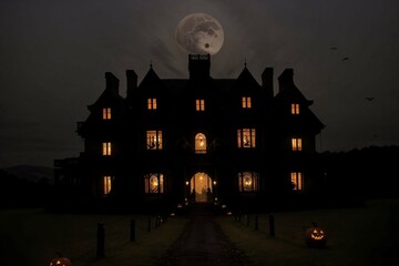 Fototapeta na wymiar Halloween pumpkins, a mansion, and bats. Generative AI