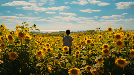 Fototapeta premium Farmer selecting sunflowers in a vibrant field