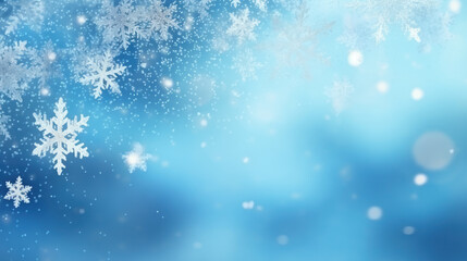 Christmas blue background with snow. AI Generative