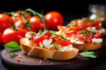 Fototapeta na wymiar fresh sliced tomatoes on bruschetta with mozzarella pieces
