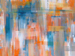 Vibrant abstract artwork on canvas with bold brush strokes and a mix of orange, teal paint colors
